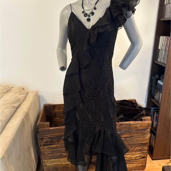 Black Ruffled and Lace Cocktail Dress - Picture 1 of 10